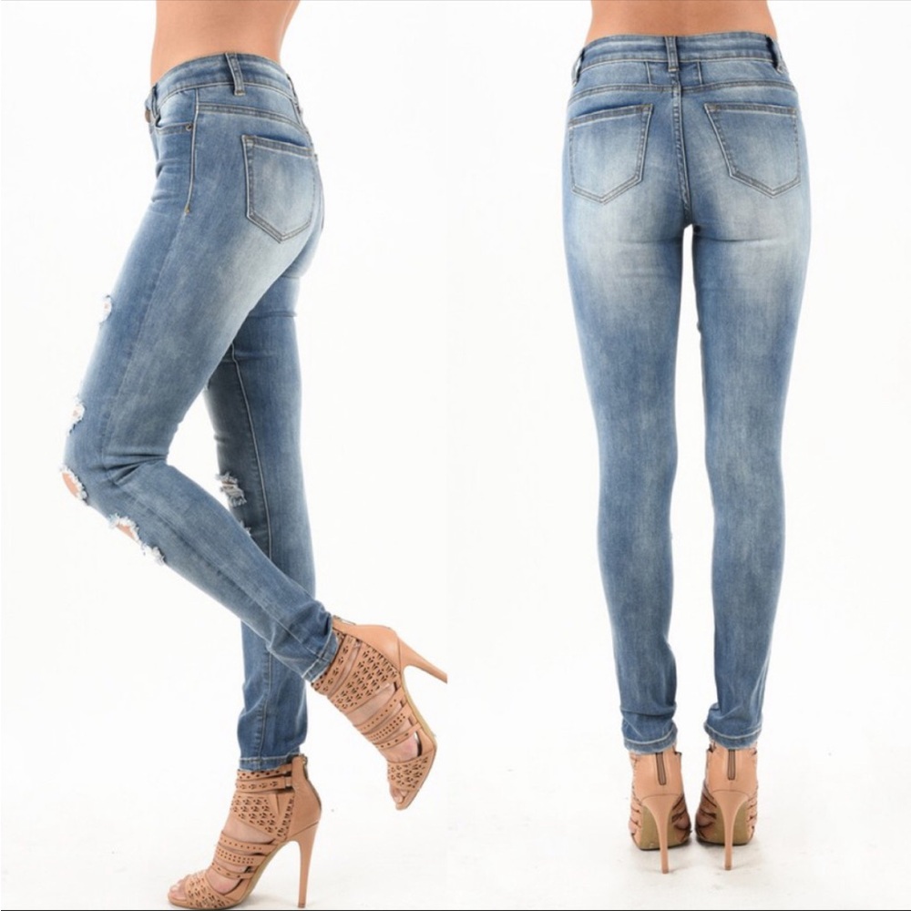 NEW Muselooks Evelyn Low Rise Distressed Skinny Jeans Medium Wash Blue Sz 7 NWT - Picture 2 of 2